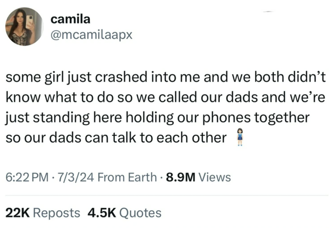 screenshot - camila some girl just crashed into me and we both didn't know what to do so we called our dads and we're just standing here holding our phones together so our dads can talk to each other 7324 From Earth 8.9M Views 22K Reposts Quotes